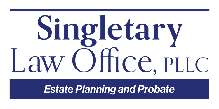 Partial logo for Singletary Law Office with text about estate planning and probate.